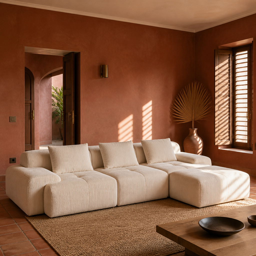 Cream corduroy modular sofa in a terracotta interior with a jute rug, dried palm and timber shutters