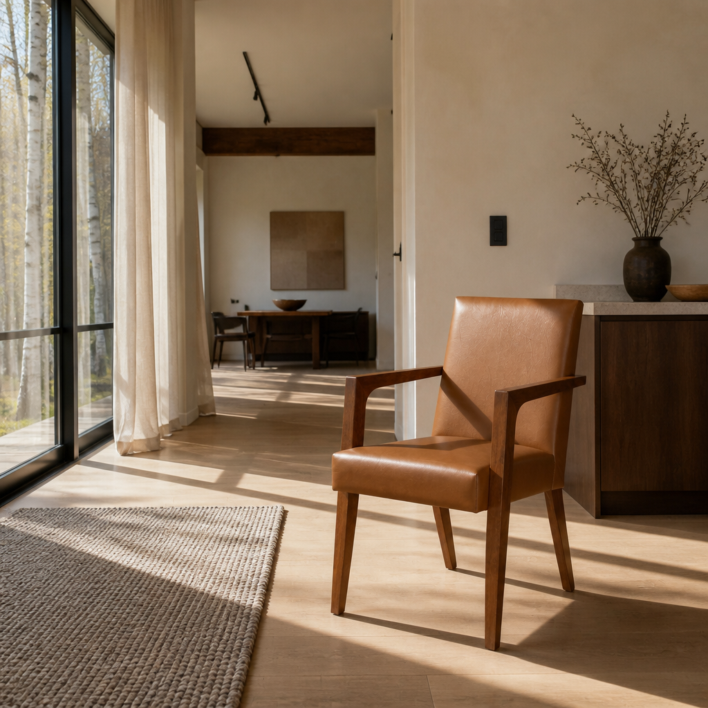 Andrea accent chair beside a wool rug in a Nordic oak living room with black steel glazing