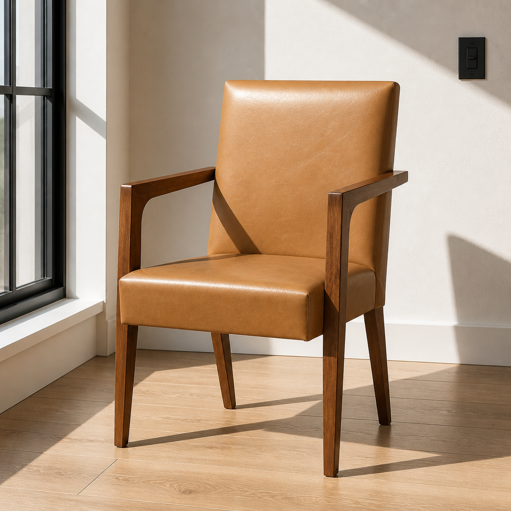 Andrea mid-century accent chair in caramel vegan leather with a walnut frame, shown close in a white oak room