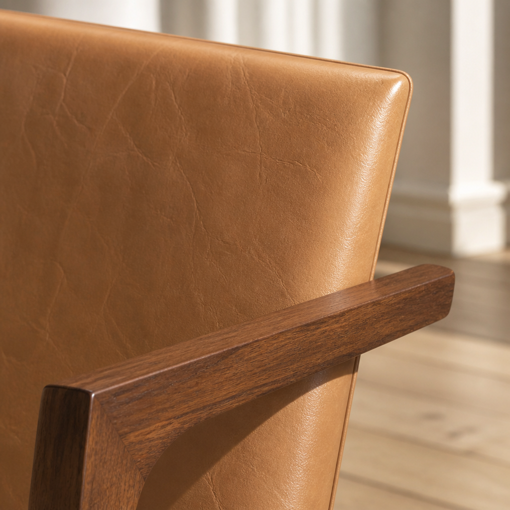 Close detail of the caramel vegan leather back panel and walnut arm rail of the Andrea accent chair
