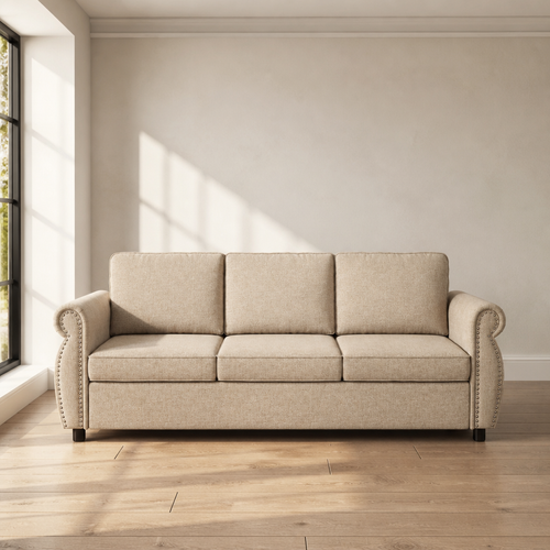 Oatmeal beige roll arm sleeper sofa, 81.5 inches wide, with antique bronze nailhead trim