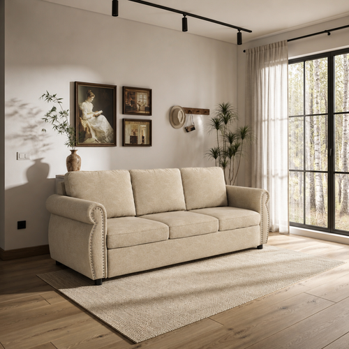 Beige sleeper sofa in a Nordic oak room with white oak floors and black steel glazing