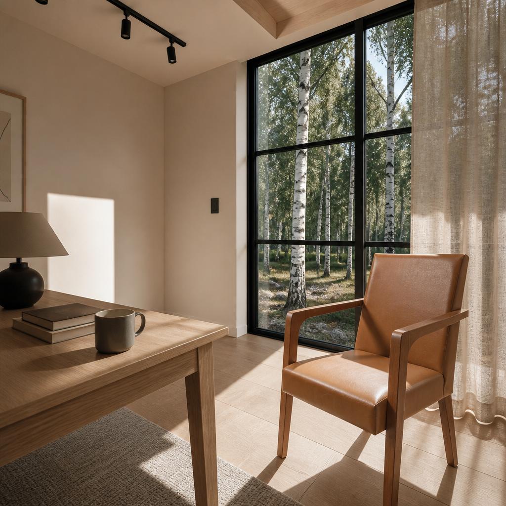 Andrea accent chair pulled up to a white oak writing desk by a window