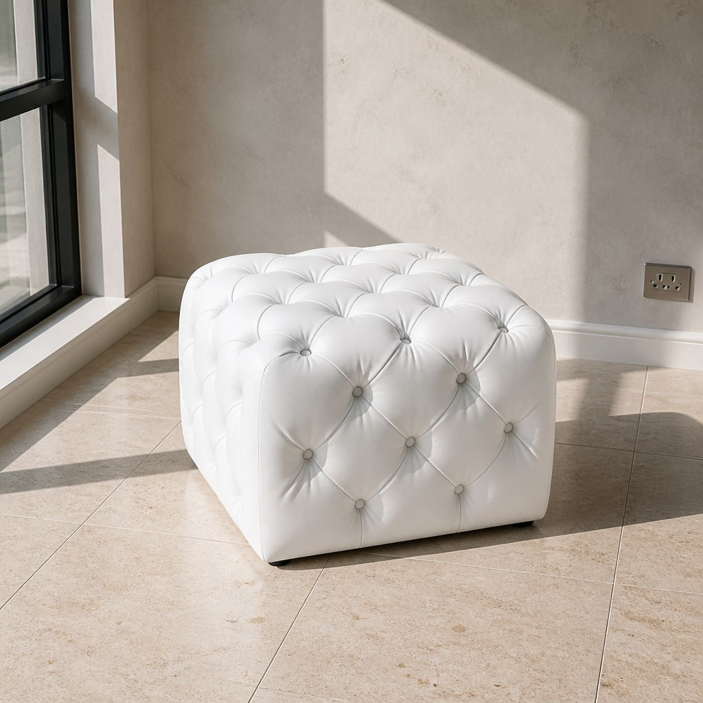 Anthem 24 inch square ottoman in white tufted vegan leather, shown close on a travertine floor