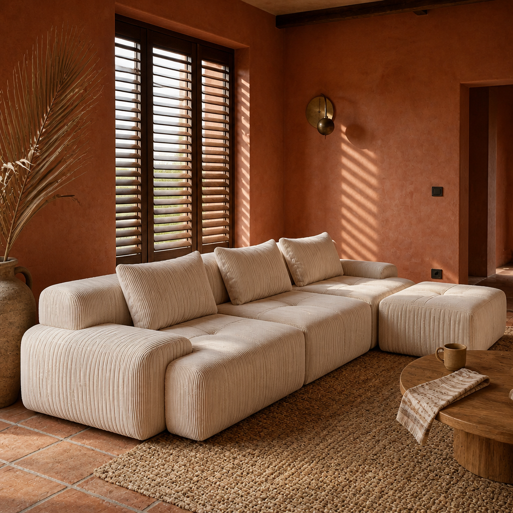 Cream corduroy modular sofa styled in a terracotta corner with an aged brass sconce and stoneware