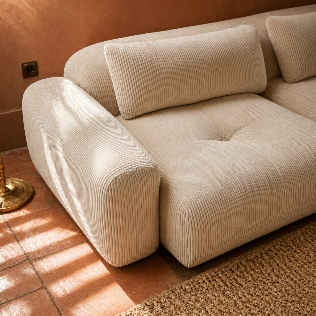 Macro detail of the wide-wale cream corduroy rib on the low bolster arm and seat cushion of the modular sofa