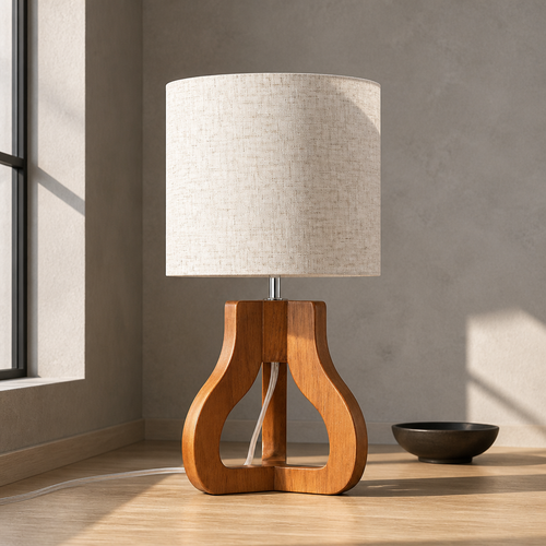 Small table lamp with sculpted honey wood pear-shaped base and oatmeal linen drum shade, close portrait on microcement