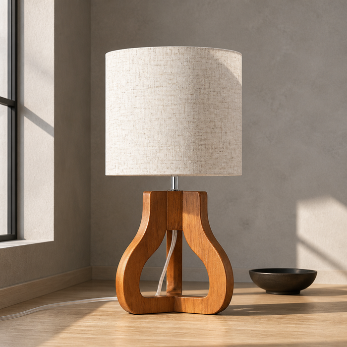 Small table lamp with sculpted honey wood pear-shaped base and oatmeal linen drum shade, close portrait on microcement