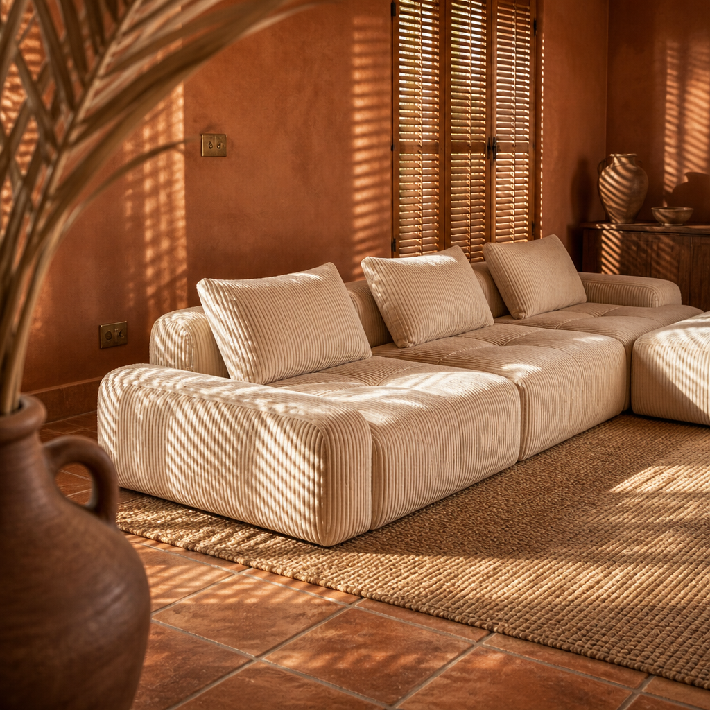 Low angled view of the cream corduroy modular sofa and its ottoman module under hard louvre shadows