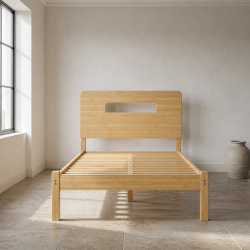 Bamboo bed frame with storage headboard cubby, close portrait