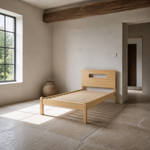 Bamboo bed frame styled in a chalk and limestone bedroom