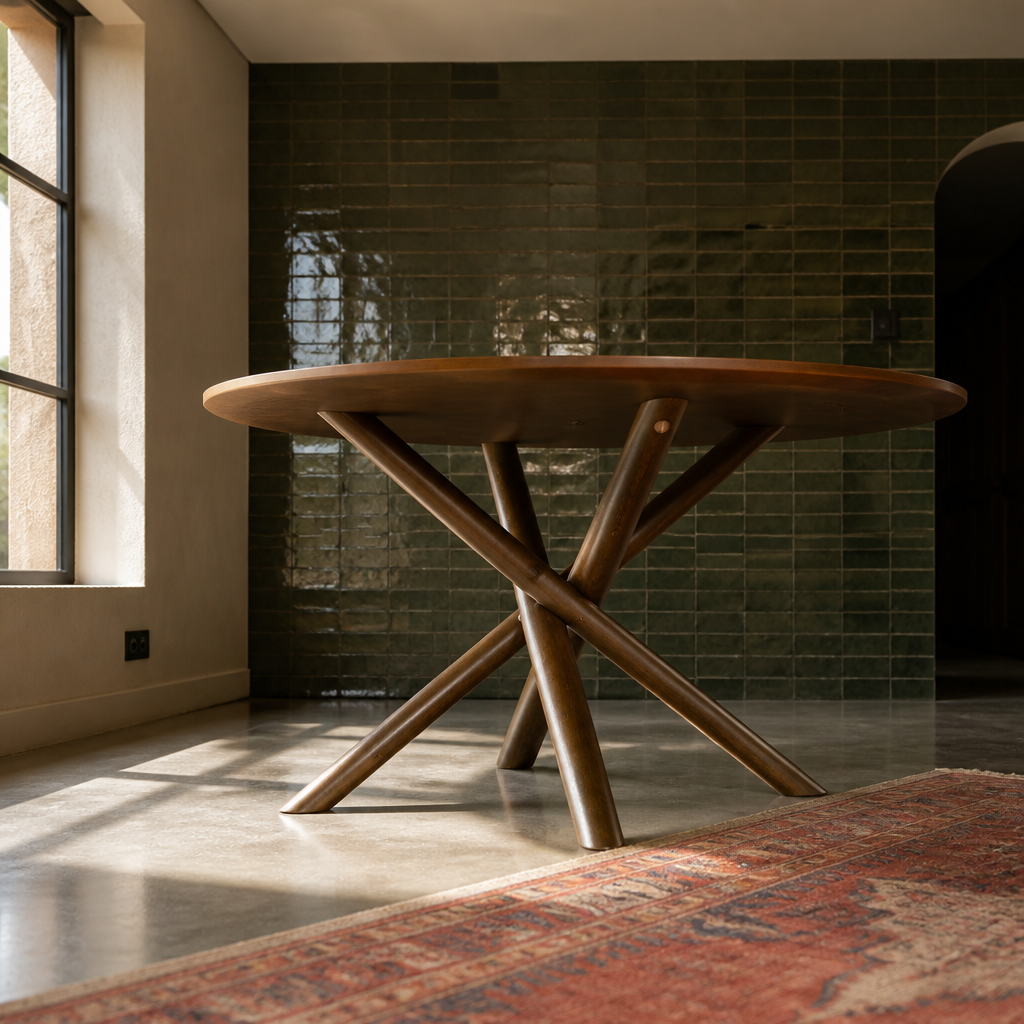 Low view of the Arnott dining table showing the sculptural crossed wooden base