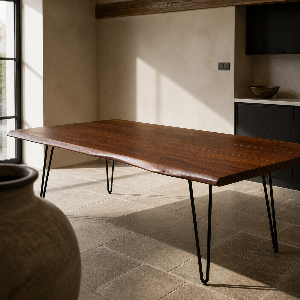 Low three-quarter view of the Ardor live-edge walnut table showing the black steel hairpin legs