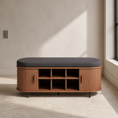 Walnut tambour shoe storage bench, 43.3 inches wide, with a dark charcoal cushion top