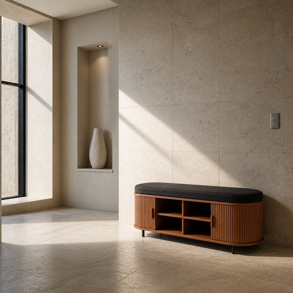 Walnut shoe storage bench in a travertine gallery hall with a deep window reveal