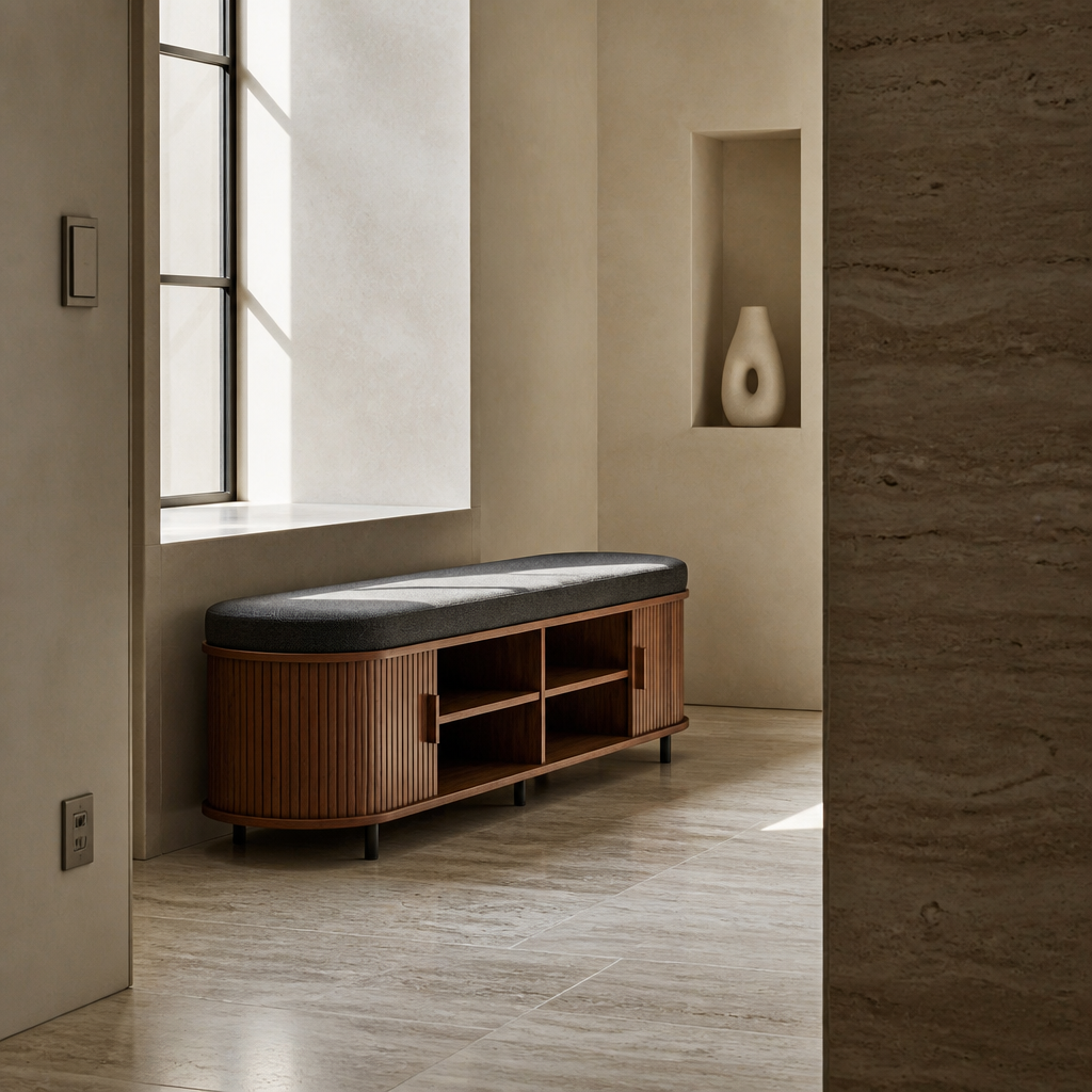 Walnut tambour bench in a hard sun patch beneath a deep travertine window reveal