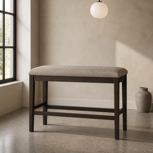 Baronscourt counter height bench in espresso wood with oatmeal seat, close portrait