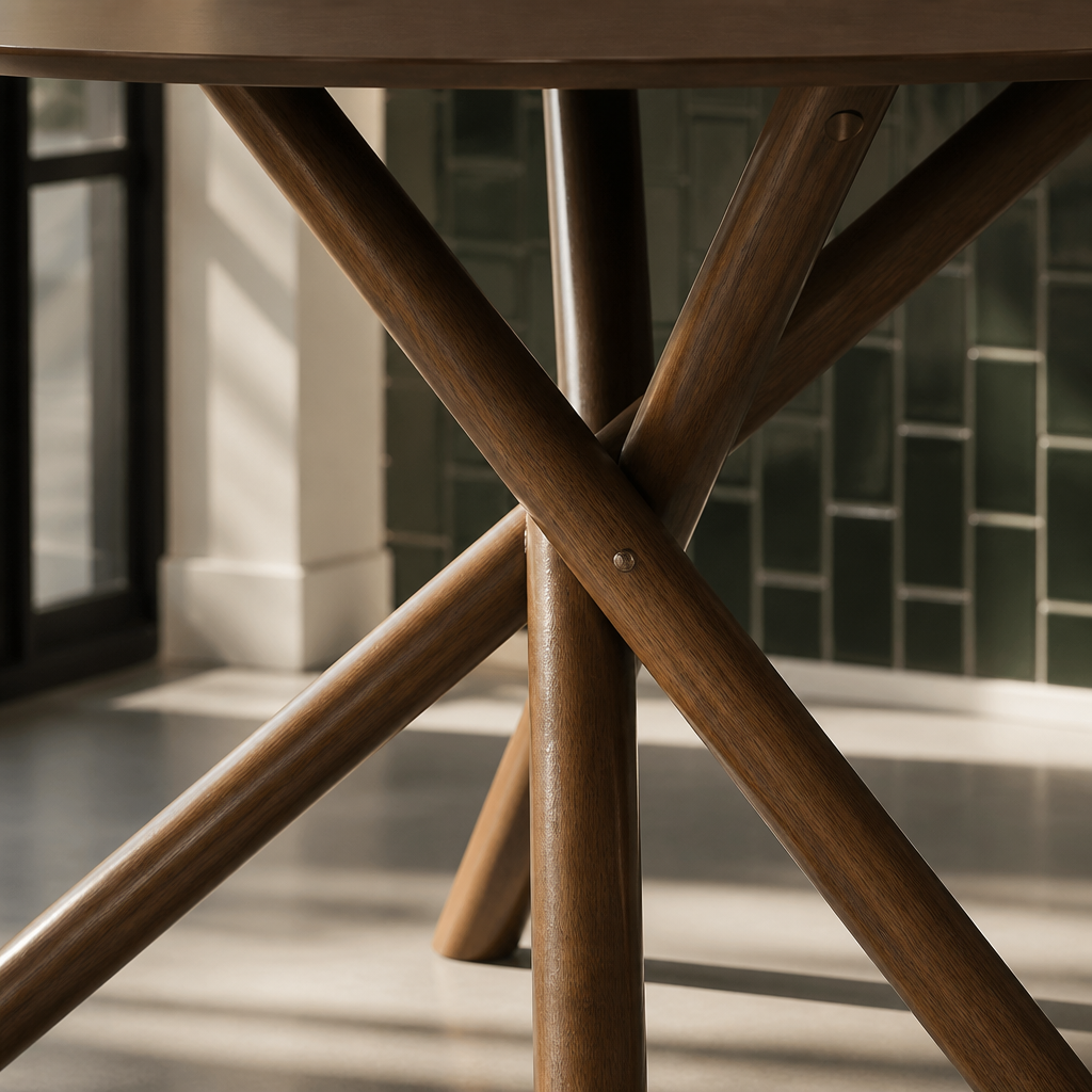 Close detail of the crossing point of the Arnott table's angled wooden legs