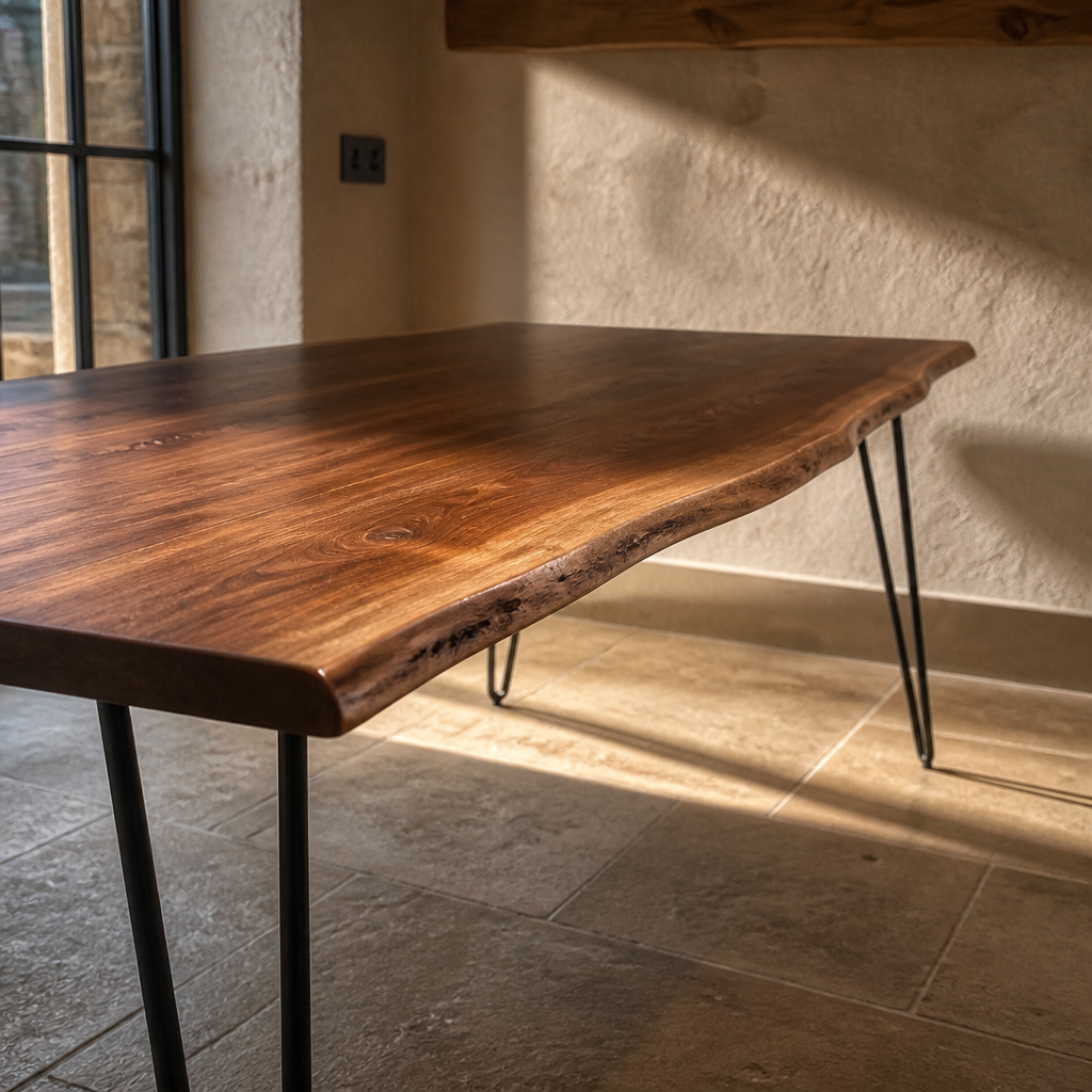 Close detail of the natural live edge and walnut grain on the Ardor dining table