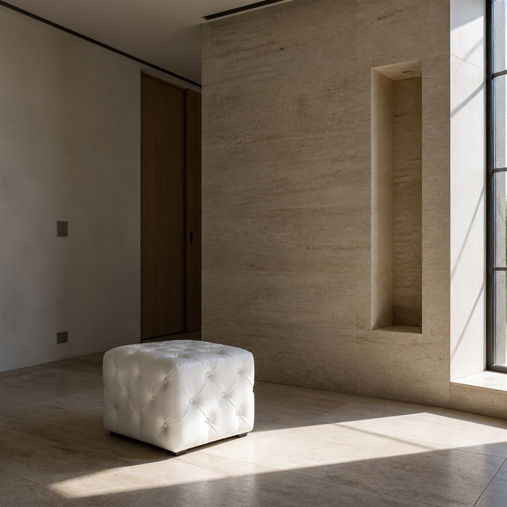 Anthem white tufted leather ottoman in a travertine gallery room with a deep window reveal