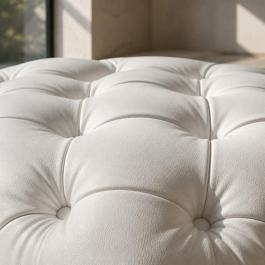 Close detail of the diamond button tufting on the Anthem white vegan leather ottoman