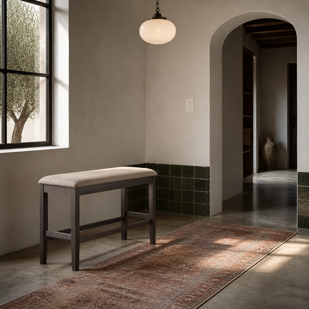 Baronscourt counter height bench in a Mediterranean entry hall
