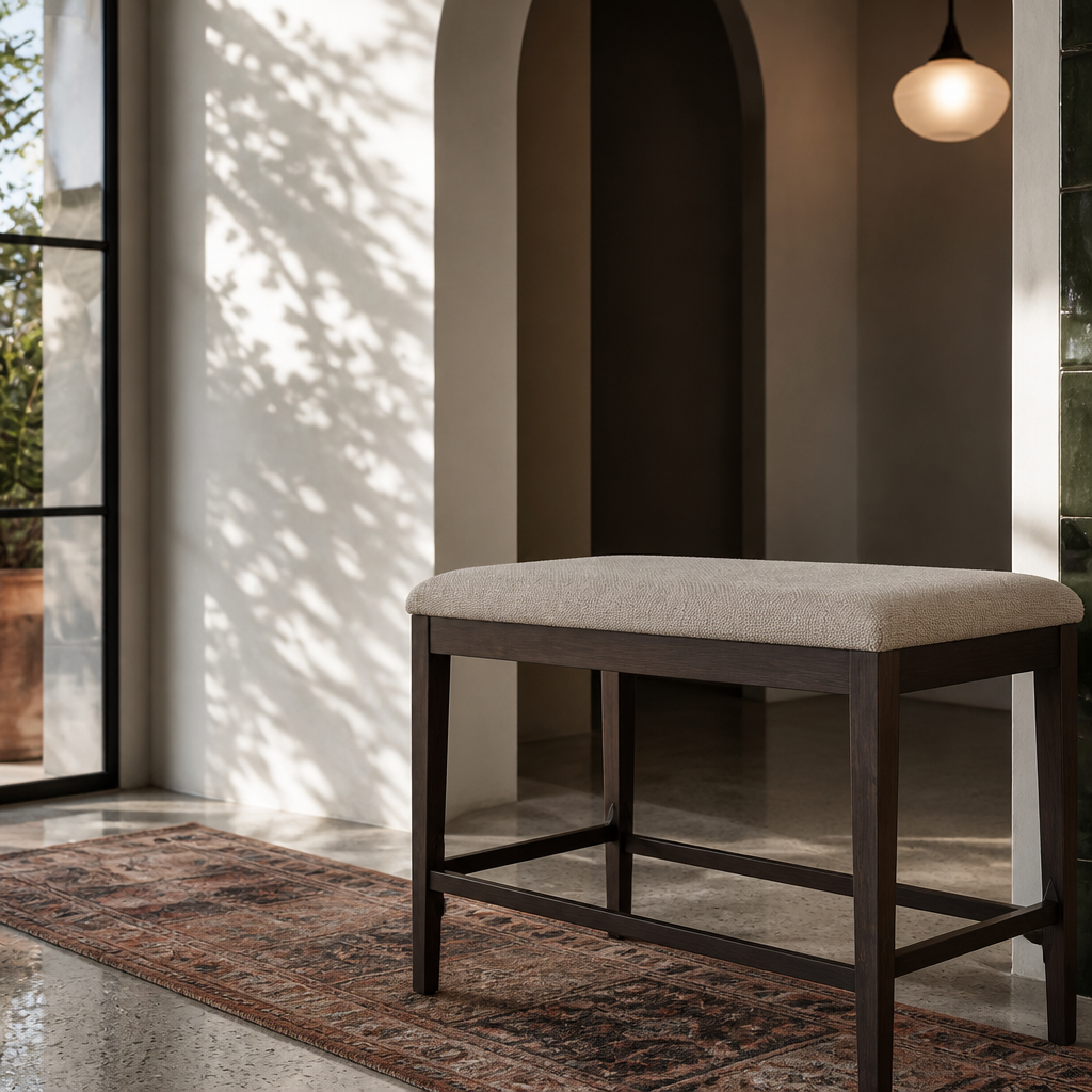 Baronscourt bench from a low three quarter angle showing tapered legs