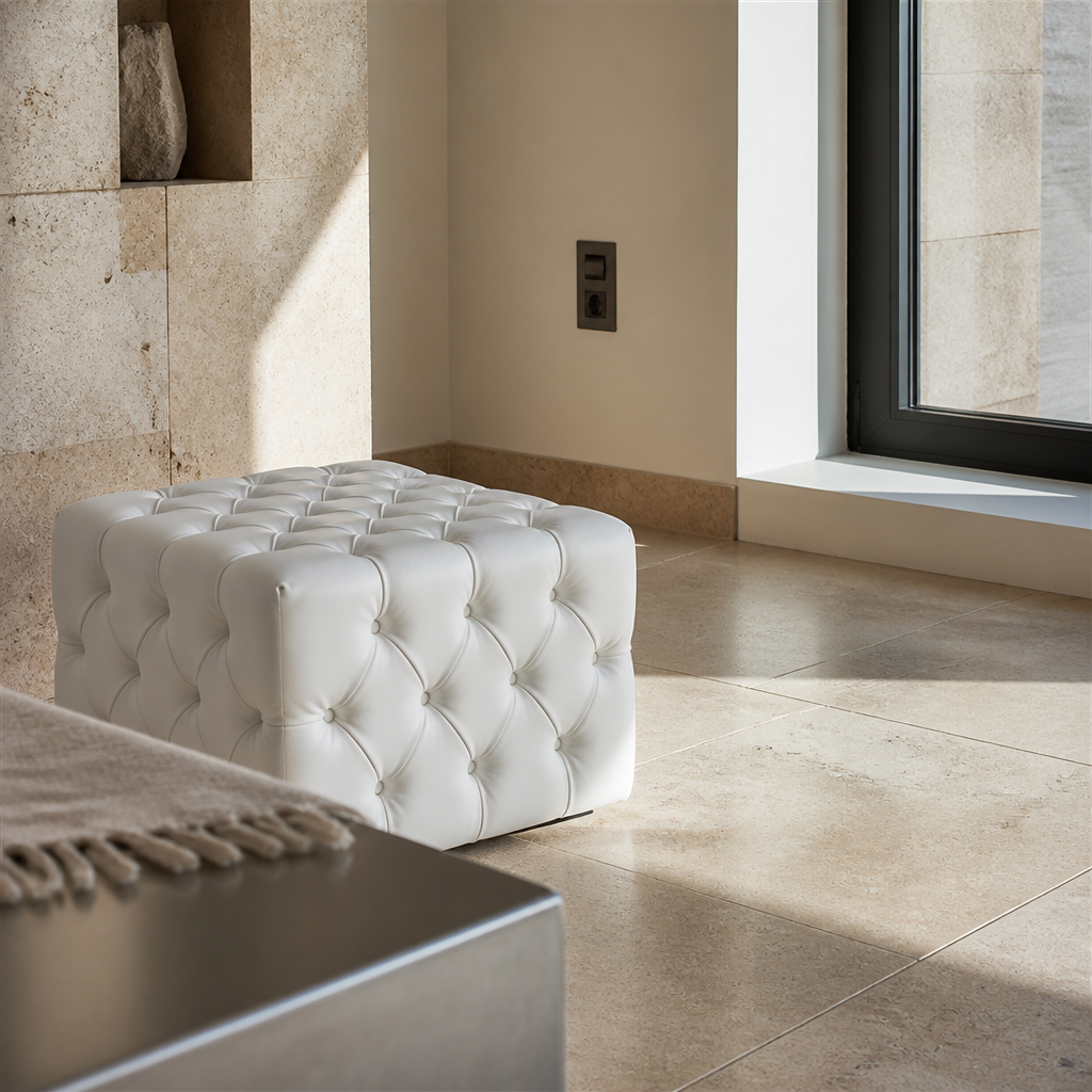 Anthem white tufted ottoman beside a low brushed steel bench on travertine