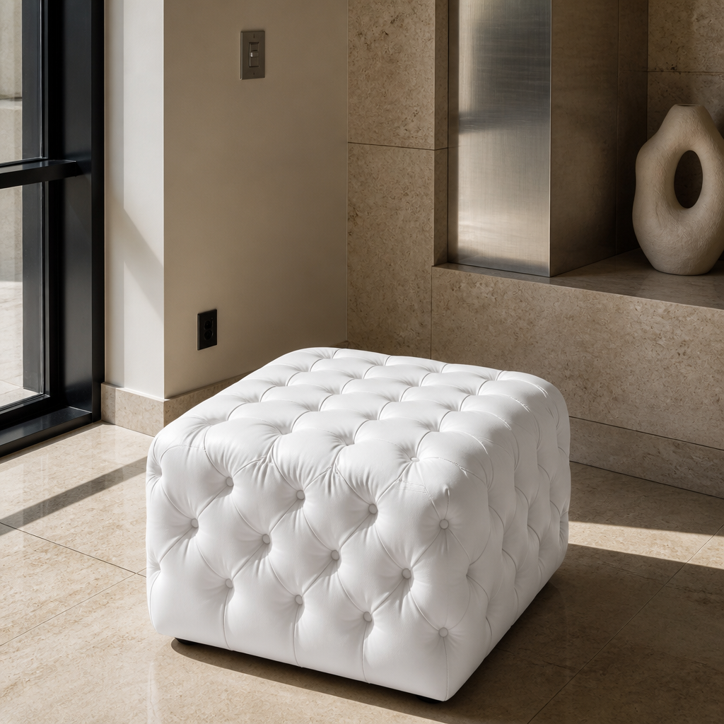 Raised three-quarter view of the Anthem ottoman showing the square tufted top face