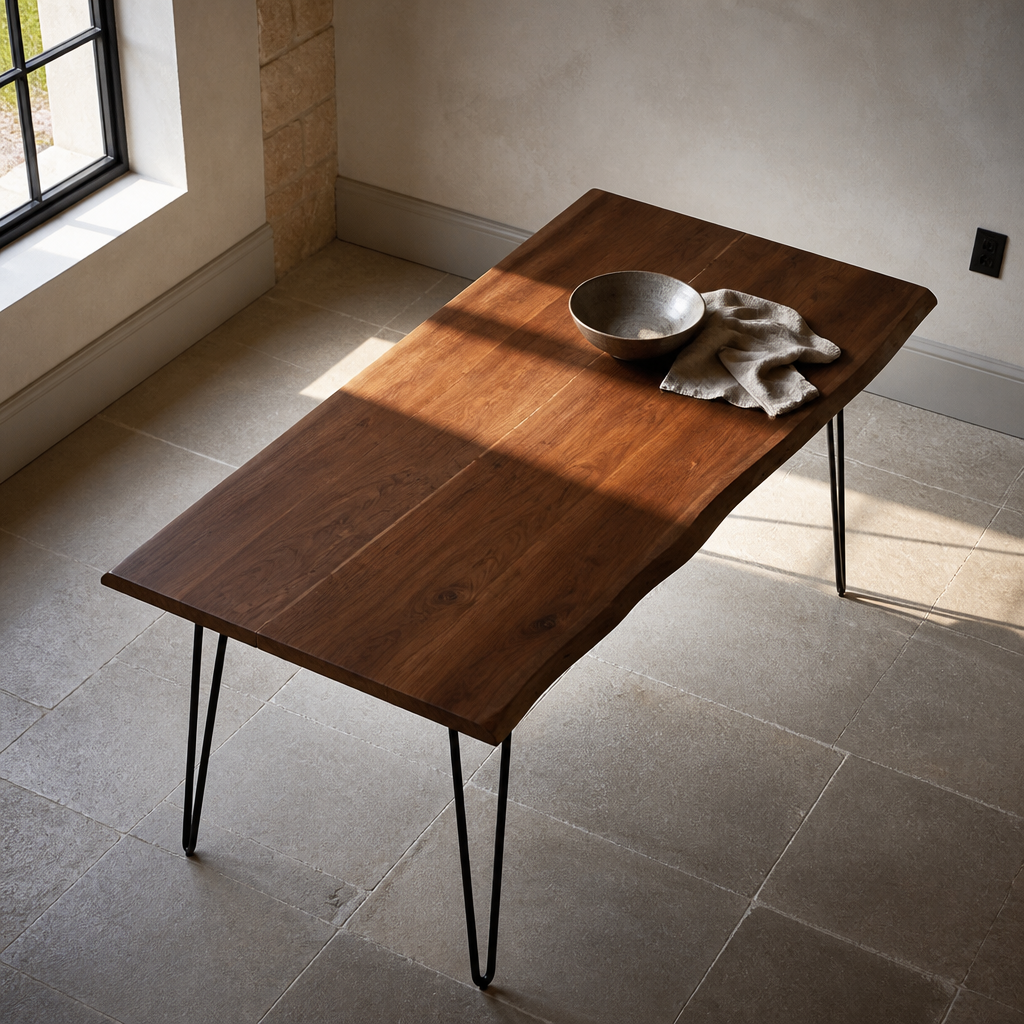 Overhead view of the Ardor live-edge walnut tabletop styled with a stoneware vessel