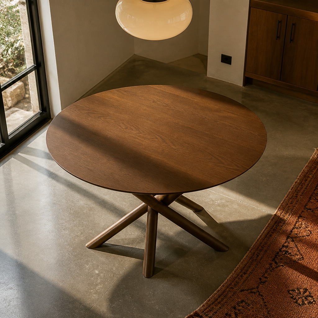 Overhead view of the Arnott round walnut tabletop beneath an opal glass pendant