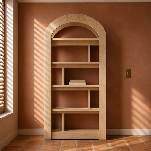 Arched farmhouse bookshelf in pale oak, 70.86 inches tall, shown straight on against a rust clay plaster wall