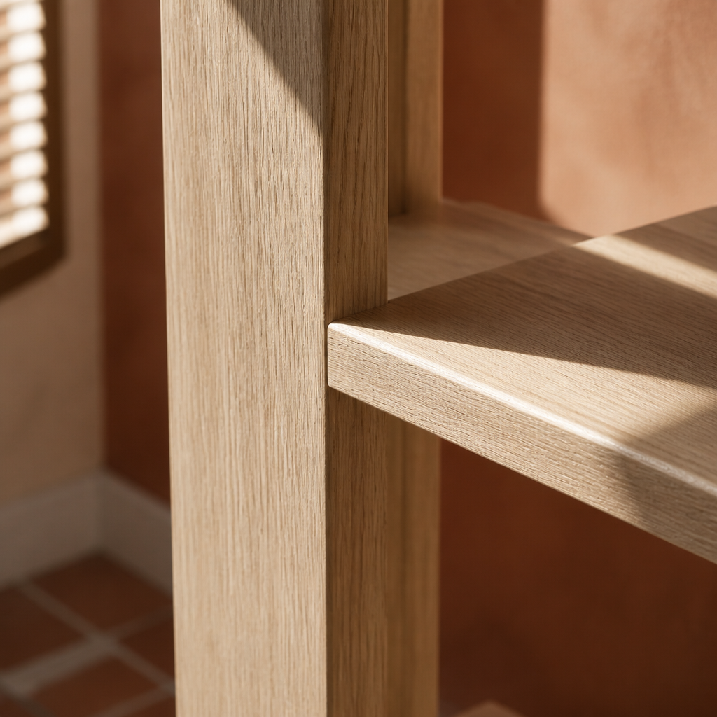 Close detail of the thick oak shelf edge and upright joint of the arched farmhouse bookshelf