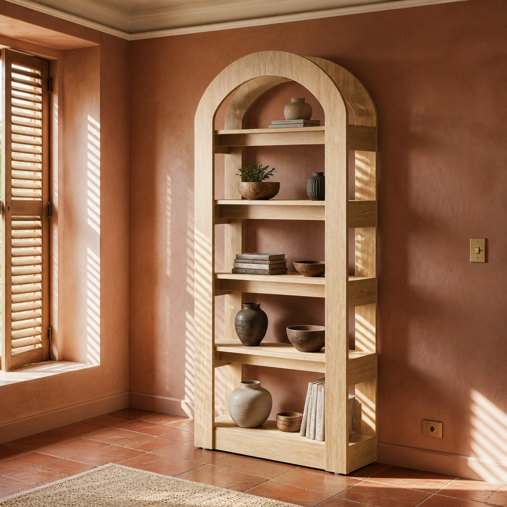 Three-quarter view of the arched farmhouse bookshelf showing its shallow 11.81 inch depth