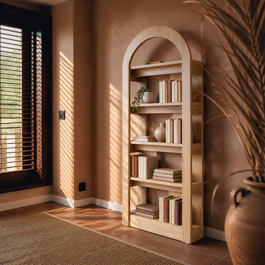 Arched farmhouse oak bookshelf styled with books and stoneware in a terracotta interior