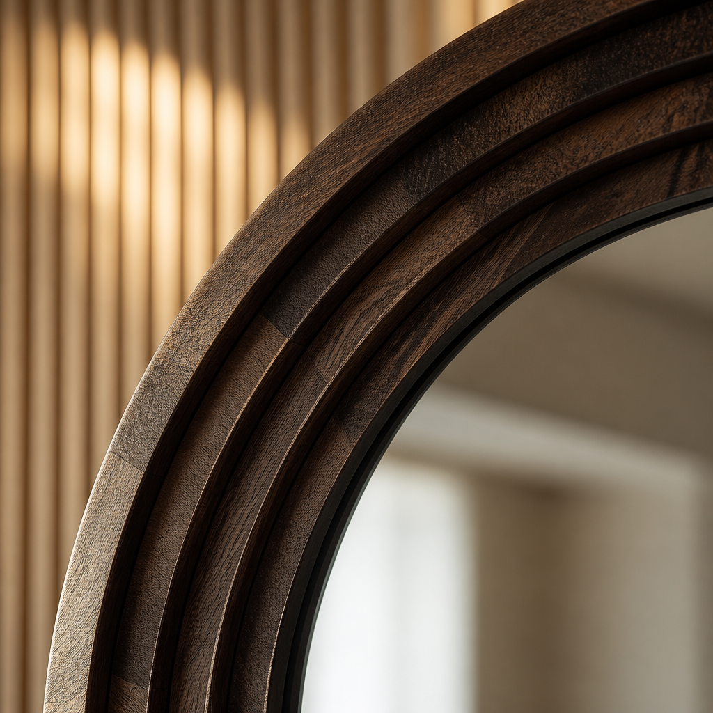 Close detail of the stepped concentric walnut frame profile on the arched farmhouse mirror