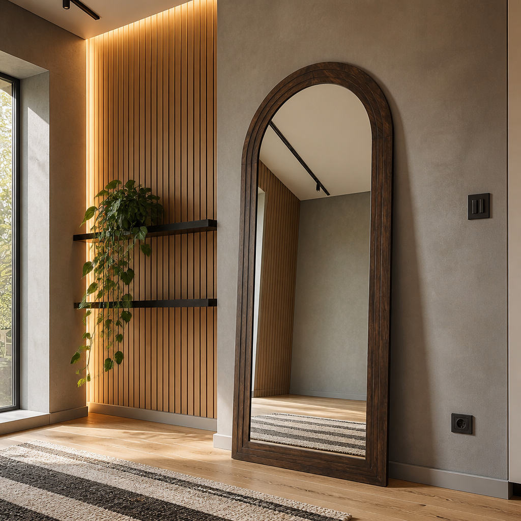 Arched walnut floor mirror leaning beside a backlit white oak slat wall