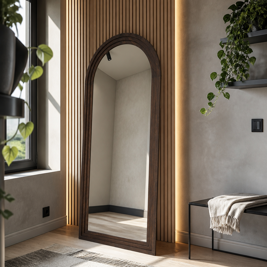 Arched walnut floor mirror styled in a dressing corner with a black steel bench