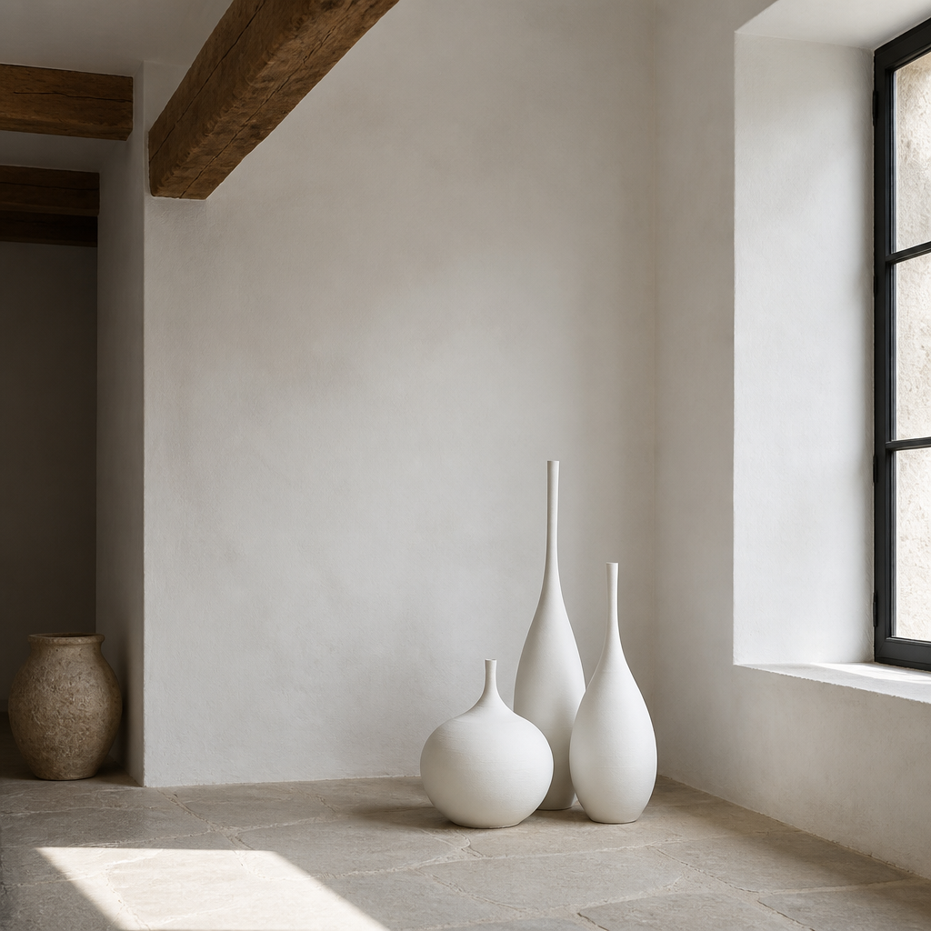Set of three white ceramic vases on a limestone floor beside a lime wash wall