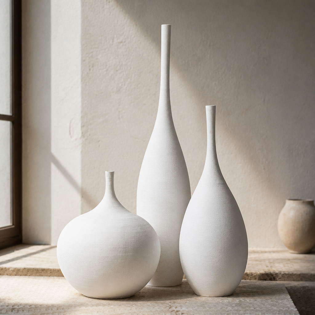 Set of three matte white ceramic bud vases grouped close in a chalk and limestone interior, hero view