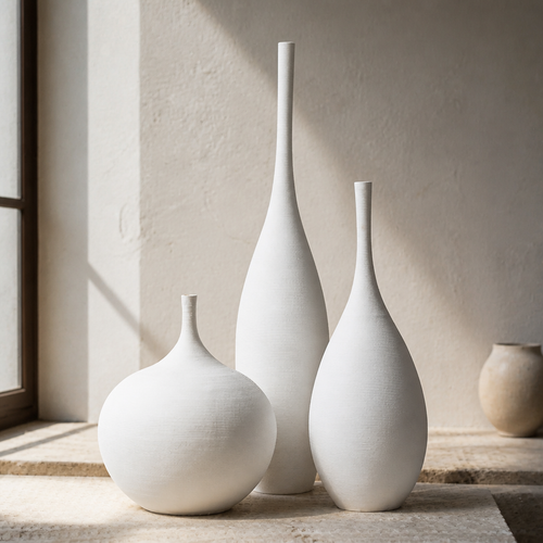 Set of three matte white ceramic bud vases grouped close in a chalk and limestone interior, hero view