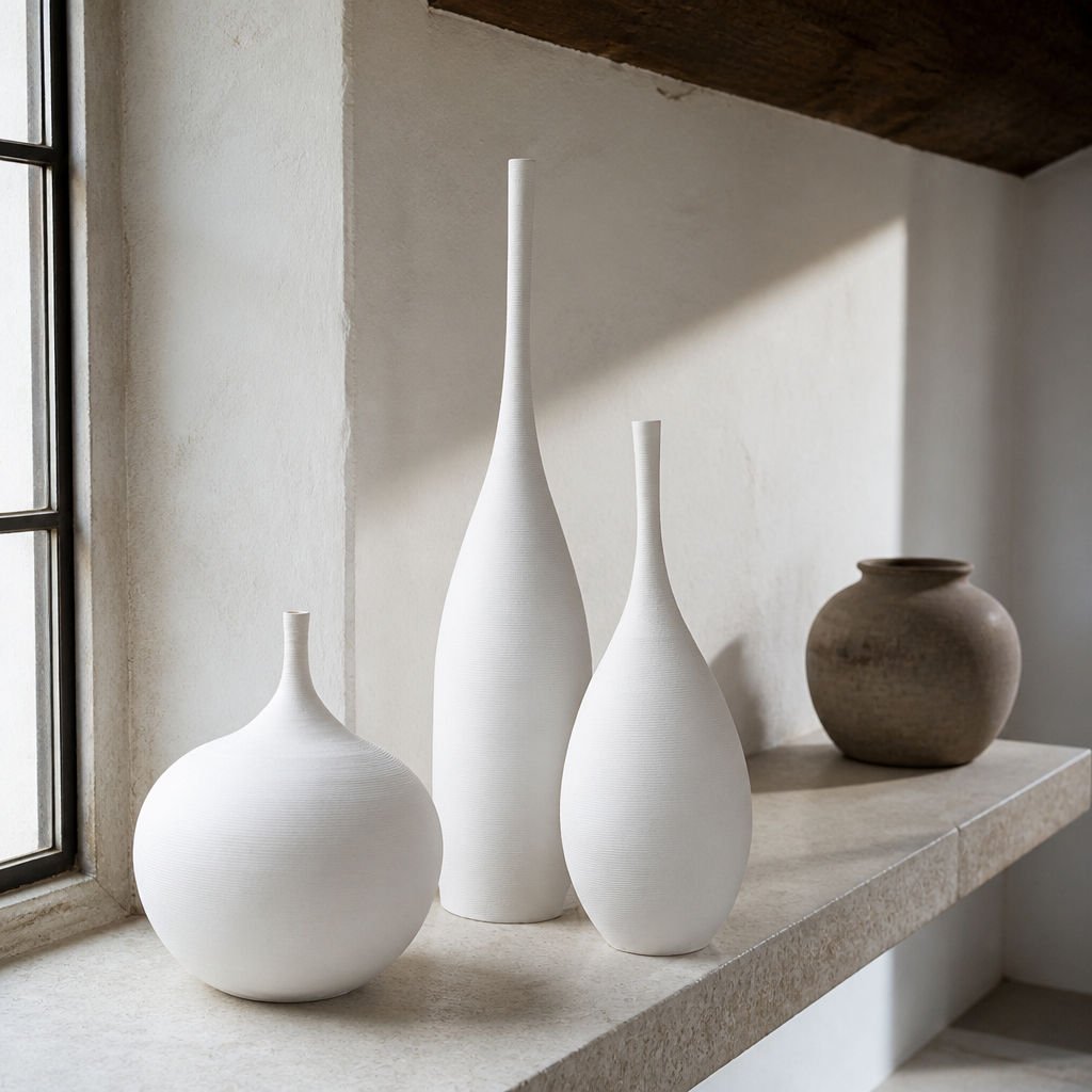 White ceramic bud vases on a limestone shelf in raking north light