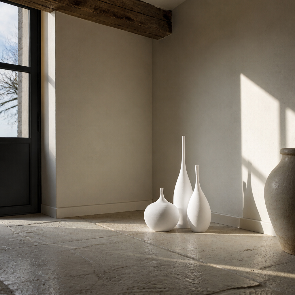 Three white ceramic vases in a chalk and limestone room corner