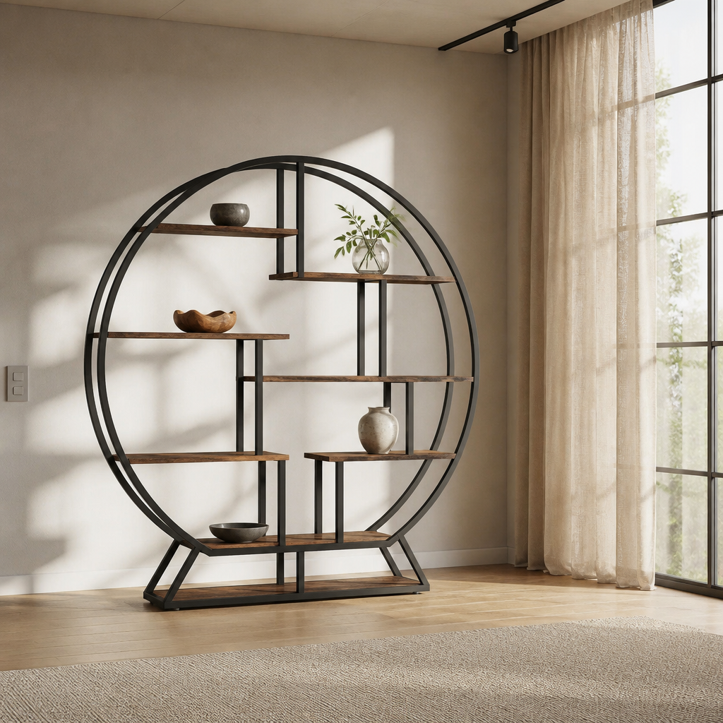 Three-quarter view of the circular bookshelf showing the double steel ring and trapezoidal base