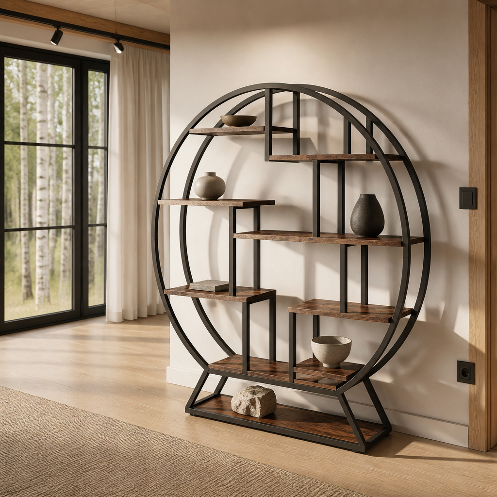 Circular bookshelf full height against a white oak plank floor and warm white plaster wall