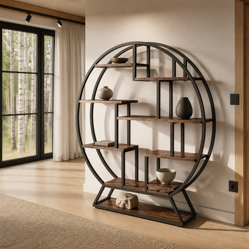 Circular bookshelf full height against a white oak plank floor and warm white plaster wall