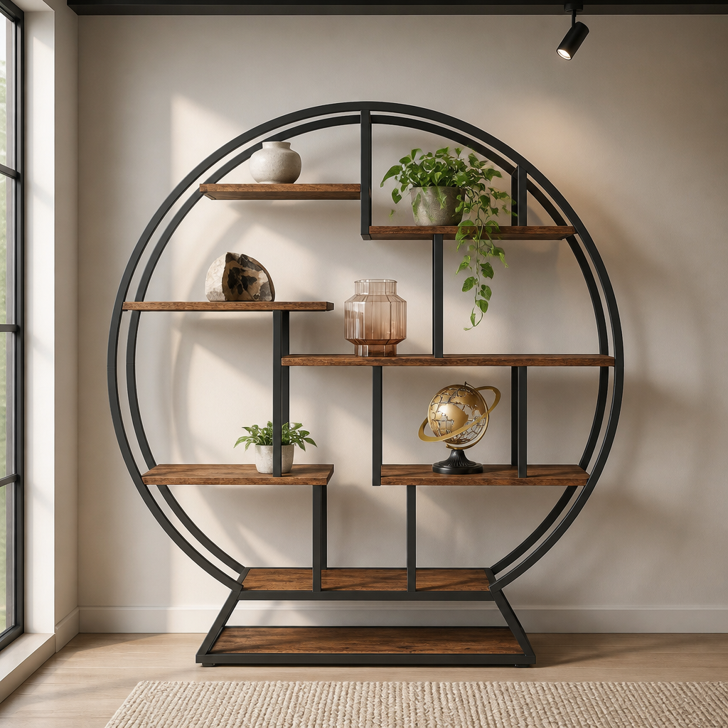 Circular black steel and rustic brown wood bookshelf, front view in a Nordic oak interior