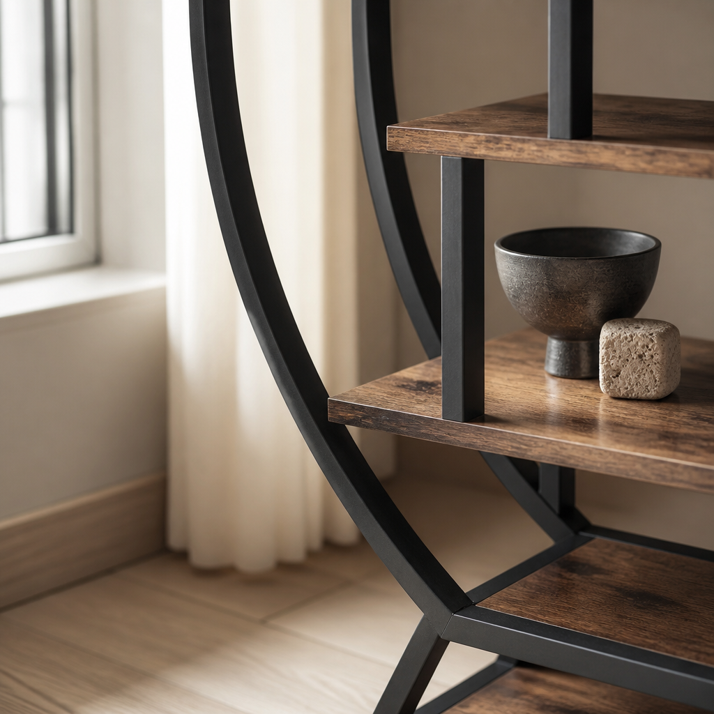 Close detail of a rustic brown shelf board meeting the black steel ring