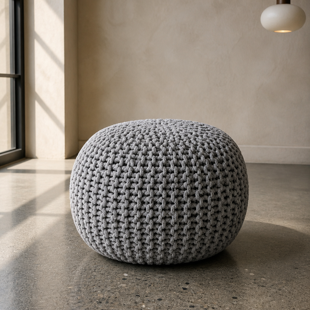 Grey hand knitted round cotton pouf ottoman, close portrait in a mediterranean interior
