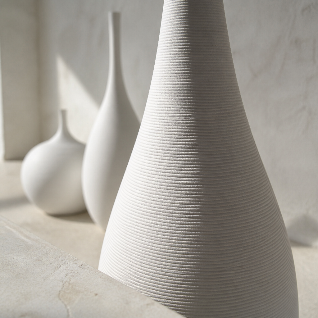 Close detail of the ribbed matte bisque surface of the tall white ceramic vase